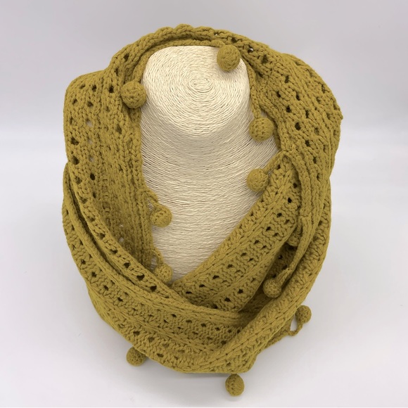 Mud Pie Green Knit Infinity Scarf with Pom Poms - Picture 1 of 5